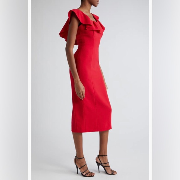 NWT $1990 Carolina Herrera Ruffle Neck Sleeveless Crepe Pencil Dress, CRIMSON! - Picture 3 of 6